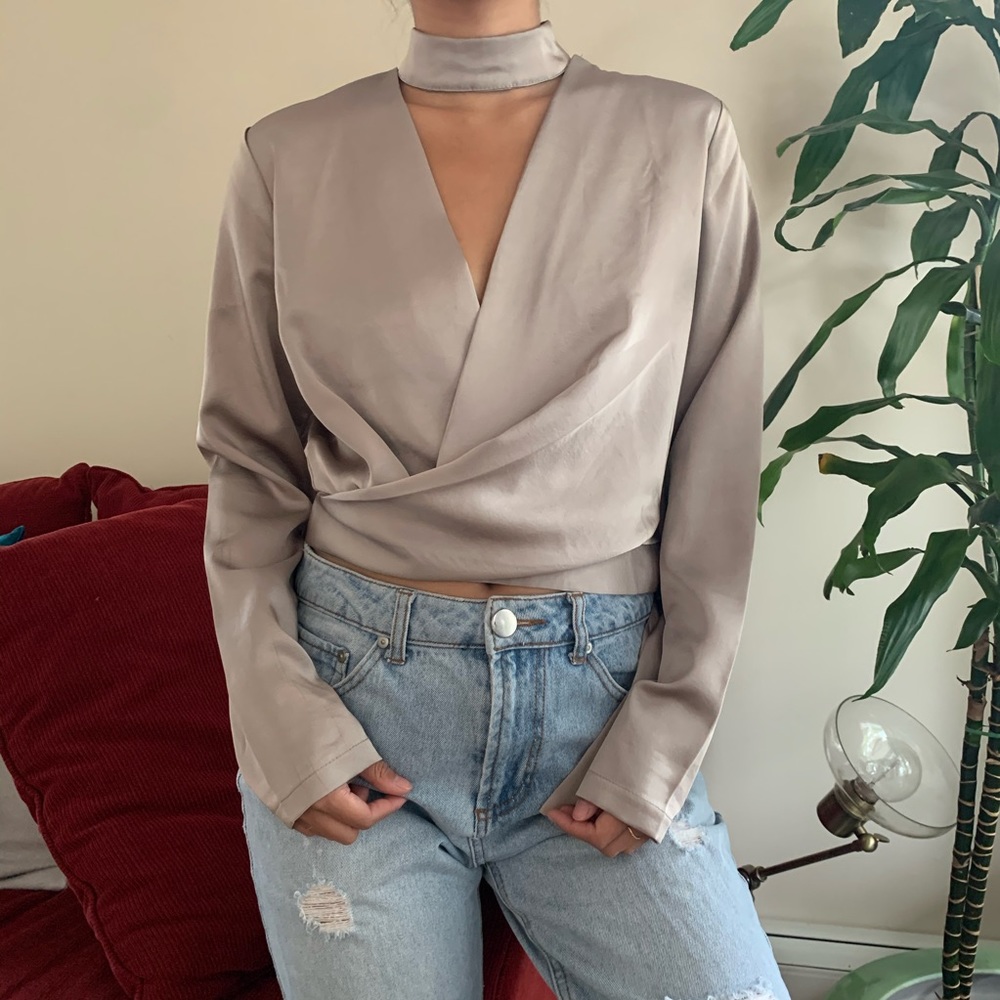 LF taupe satin v neck blouse with neck choker